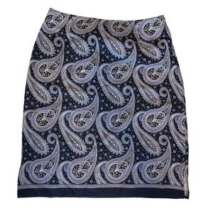 Liz Claiborne Navy Blue Paisley Cotton Pencil Skirt Size 12 Knee Length Slit